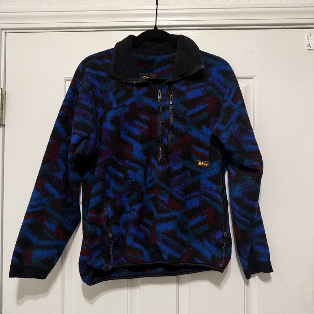 REI Blue and Black Geometric Fleece Pullover